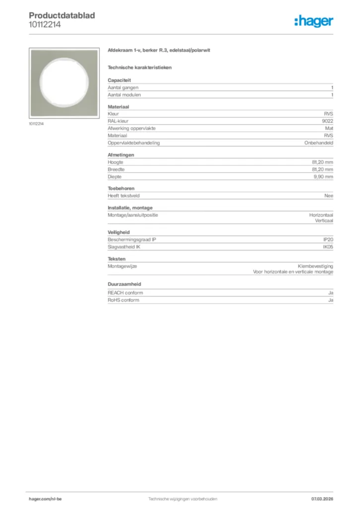 Afbeelding Hager Productdatablad 10112214 | Hager Belgium