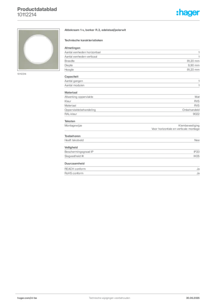 Afbeelding Hager Productdatablad 10112214 | Hager Belgium