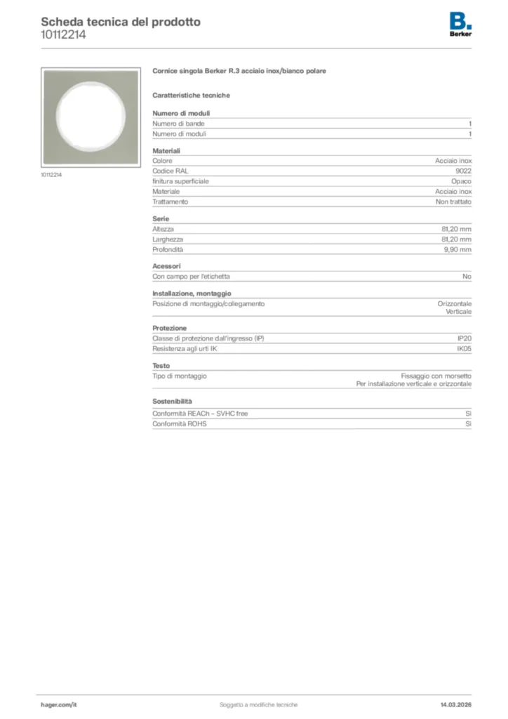 Immagine Berker Scheda tecnica del prodotto 10112214 | Hager Italia