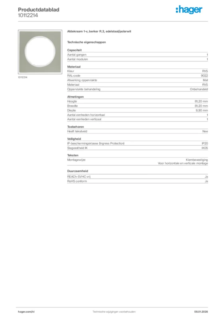Afbeelding Hager Productdatablad 10112214 | Hager Nederland