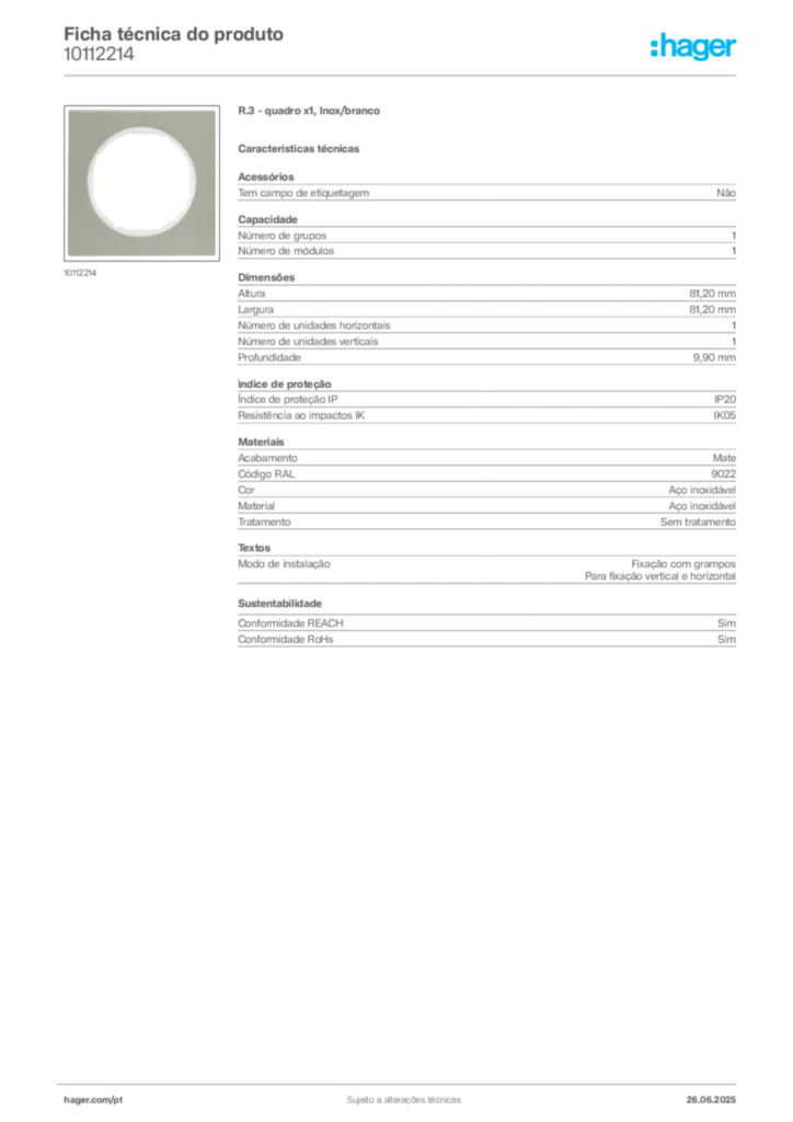 Imagem Hager Ficha técnica do produto 10112214 | Hager Portugal