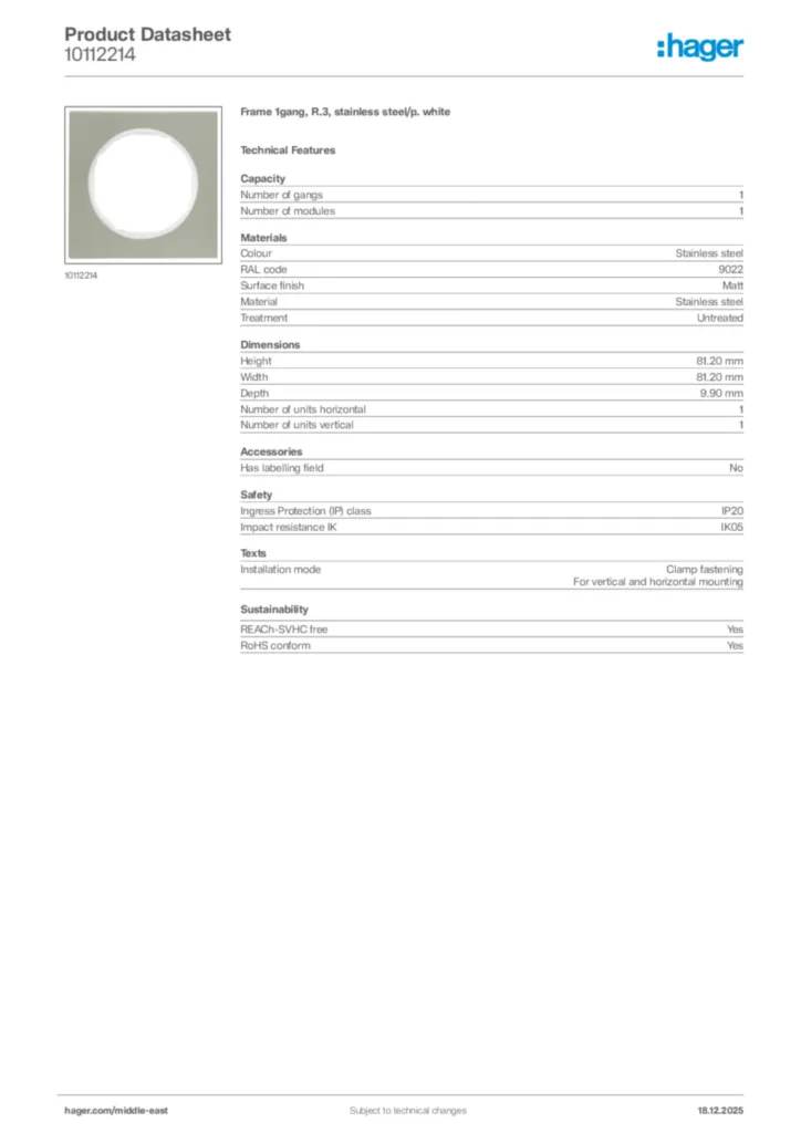 Image Hager Product data sheet 10112214  | Hager