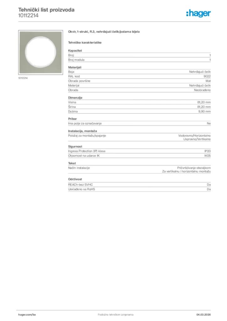 Slika Hager Tehnički list proizvoda 10112214  | Hager