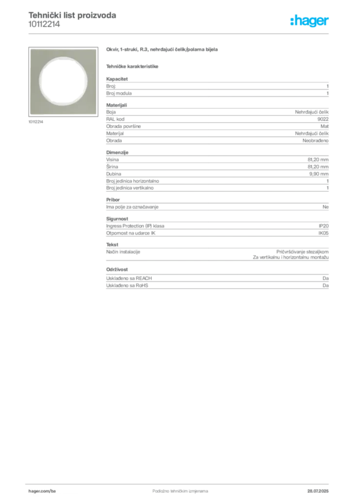 Slika Hager Product data sheet 10112214  | Hager