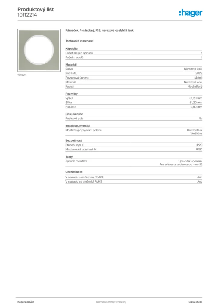 Obrázek Hager Product data sheet 10112214 | Hager
