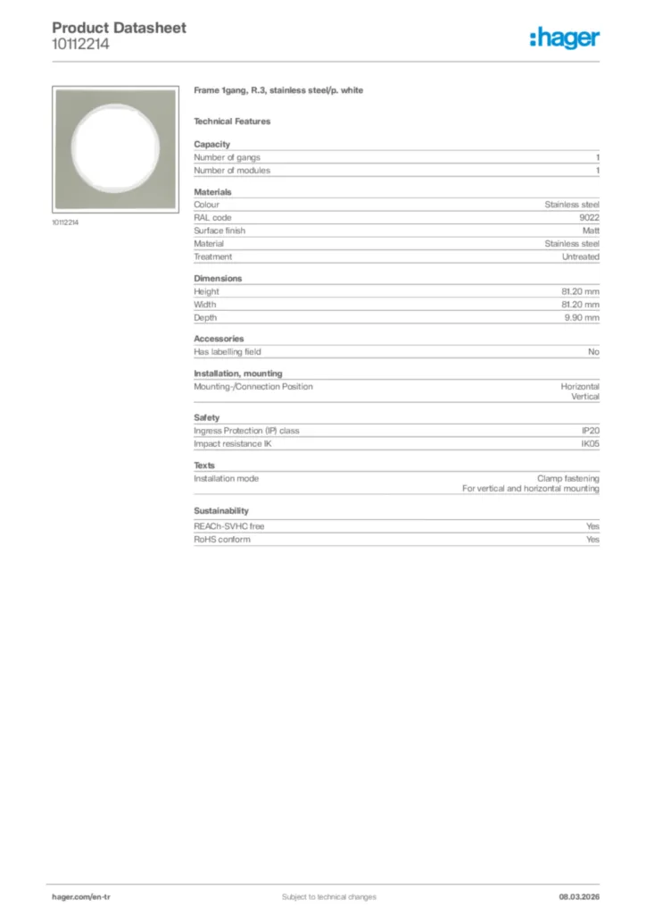 Image Hager Product data sheet 10112214  | Hager