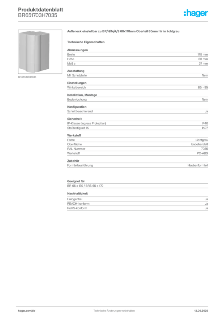 Bild Hager Produktdatenblatt BR651703H7035 | Hager Deutschland