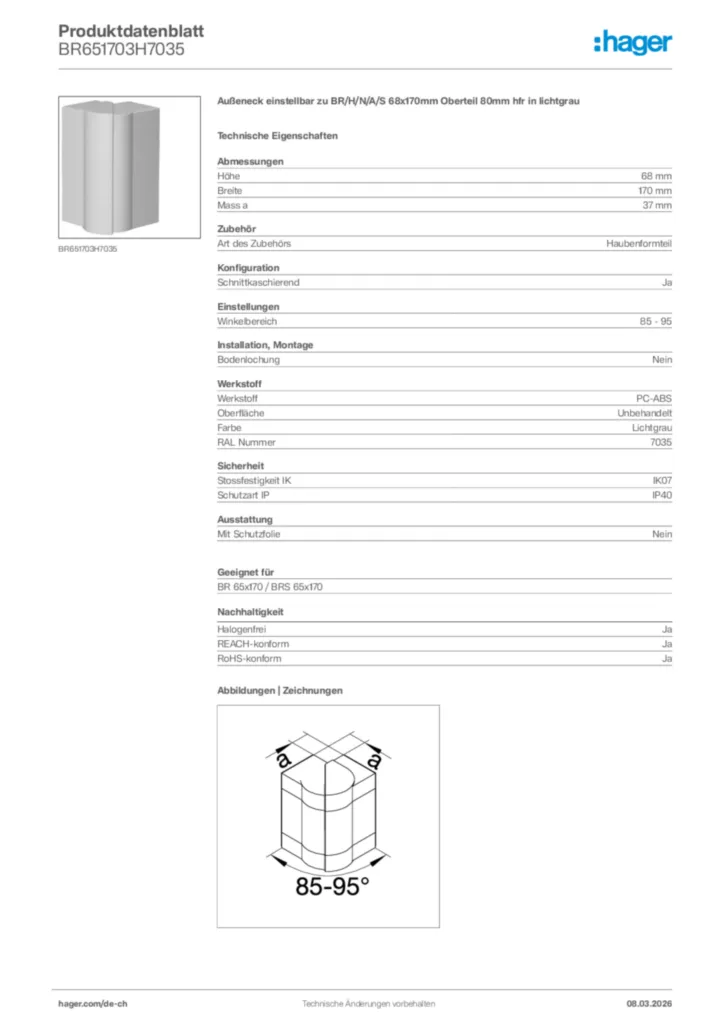 Bild Hager Produktdatenblatt BR651703H7035 | Hager Schweiz