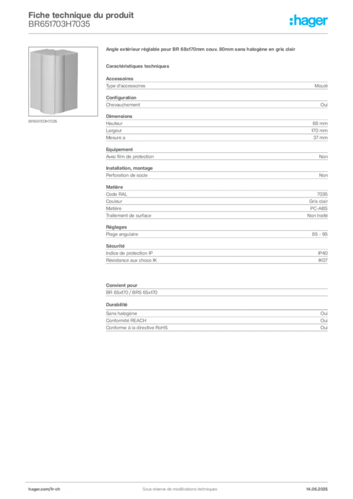 Image Hager Fiche technique du produit BR651703H7035 | Hager Suisse