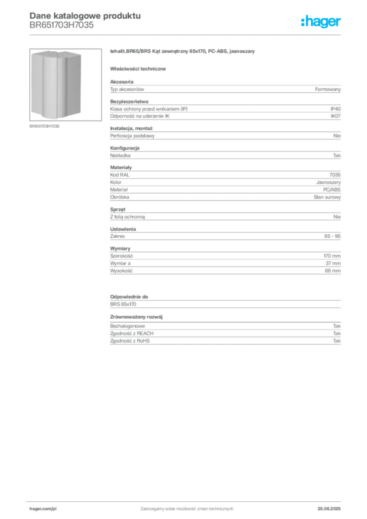 Zdjęcie Hager Karta katalogowa BR651703H7035 | Hager Polska