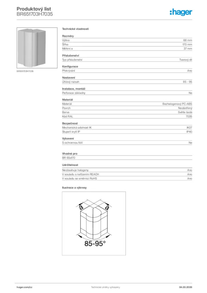 Obrázek Hager Product data sheet BR651703H7035 | Hager