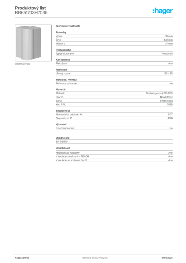 Obrázek Hager Produktový list BR651703H7035 | Hager