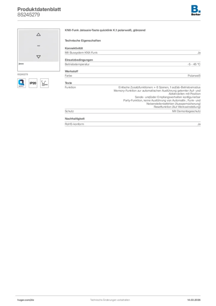 Bild Berker Produktdatenblatt 85245279 | Hager Deutschland