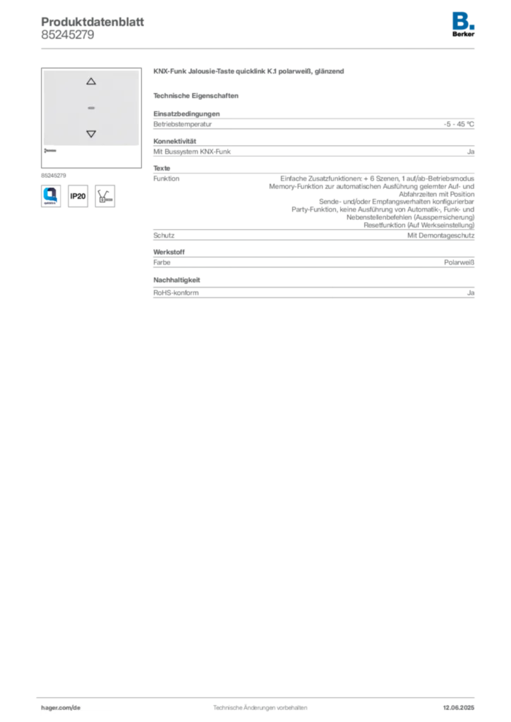Bild Berker Produktdatenblatt 85245279 | Hager Deutschland