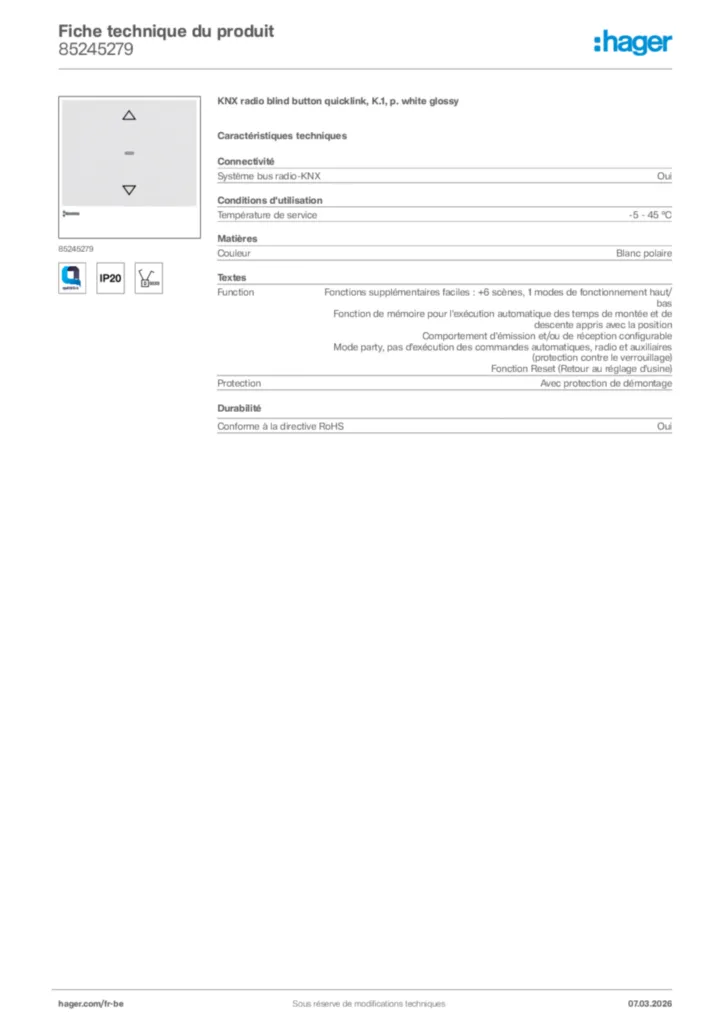 Image Hager Fiche technique du produit 85245279 | Hager Belgique