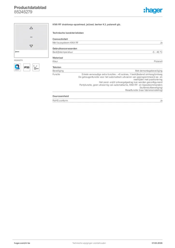 Afbeelding Hager Productdatablad 85245279 | Hager Belgium