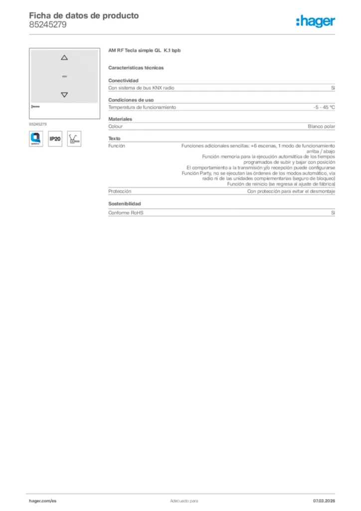 Imagen Hager Ficha de datos de producto 85245279 | Hager España