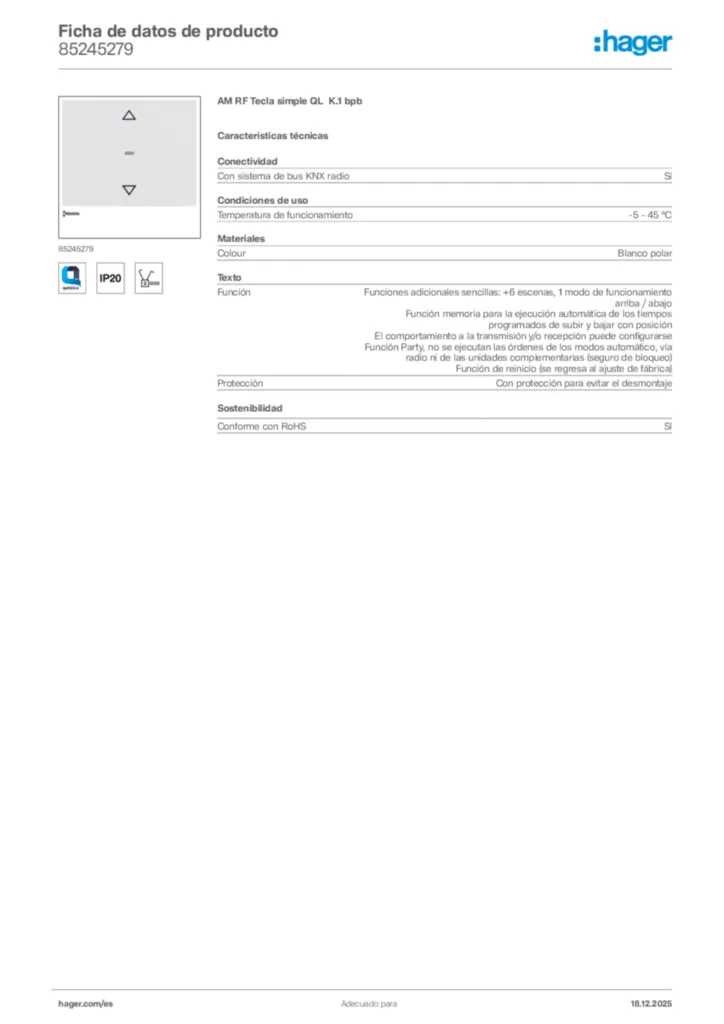 Imagen Hager Ficha de datos de producto 85245279 | Hager España