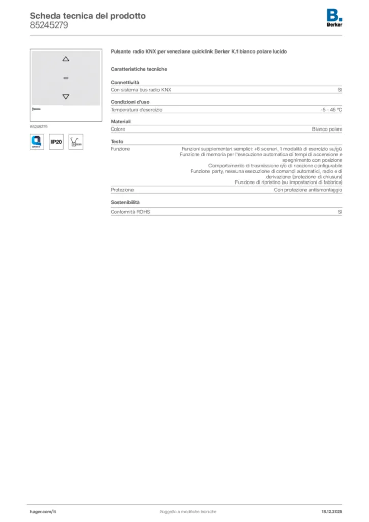 Immagine Berker Scheda tecnica del prodotto 85245279 | Hager Italia