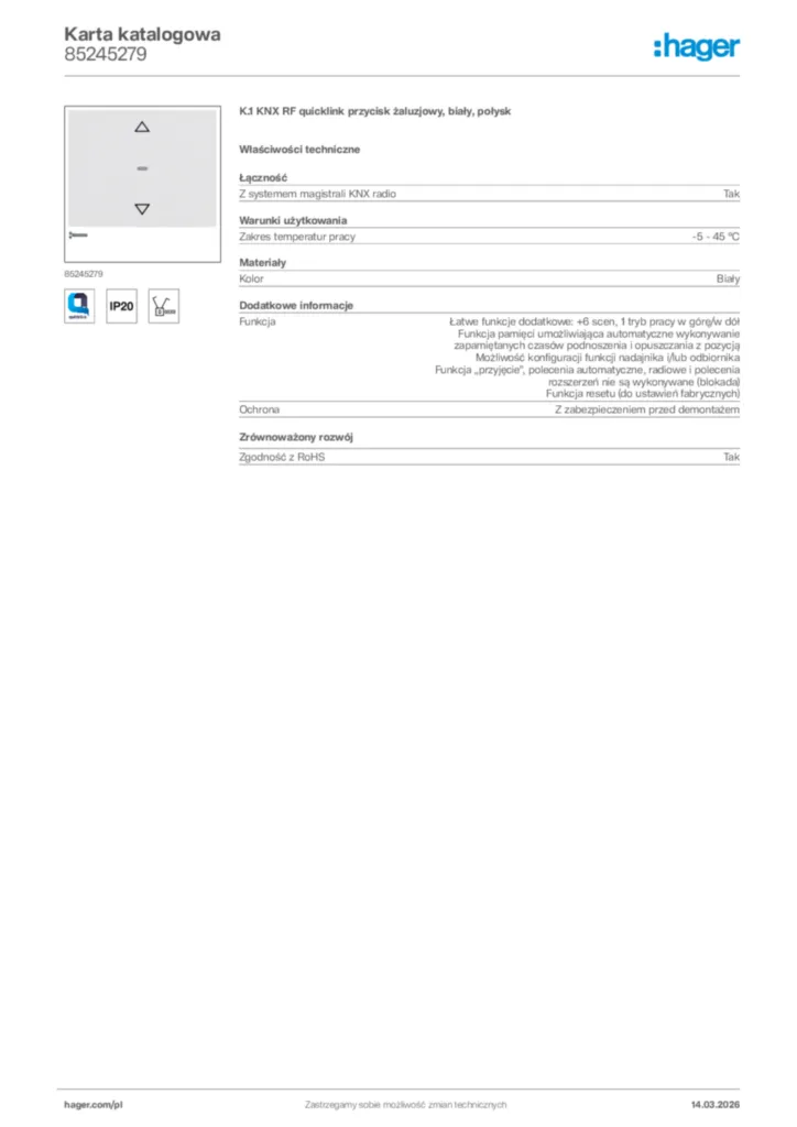Zdjęcie Hager Karta katalogowa 85245279 | Hager Polska