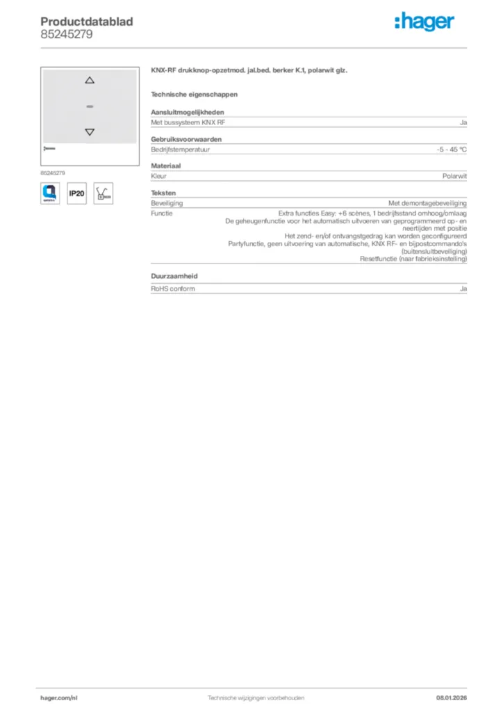 Afbeelding Hager Productdatablad 85245279 | Hager Nederland