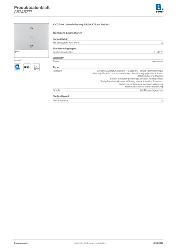 Bild Berker Produktdatenblatt 85245277 | Hager Deutschland