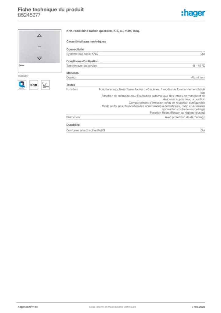 Image Hager Fiche technique du produit 85245277 | Hager Belgique