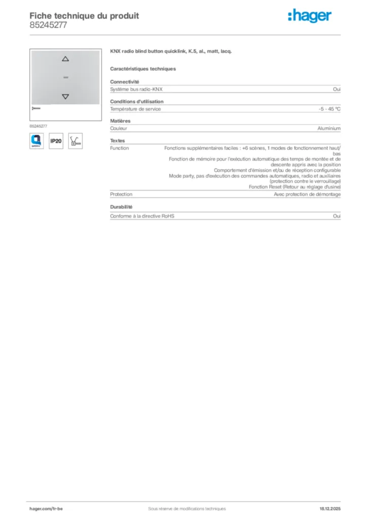 Image Hager Fiche technique du produit 85245277 | Hager Belgique