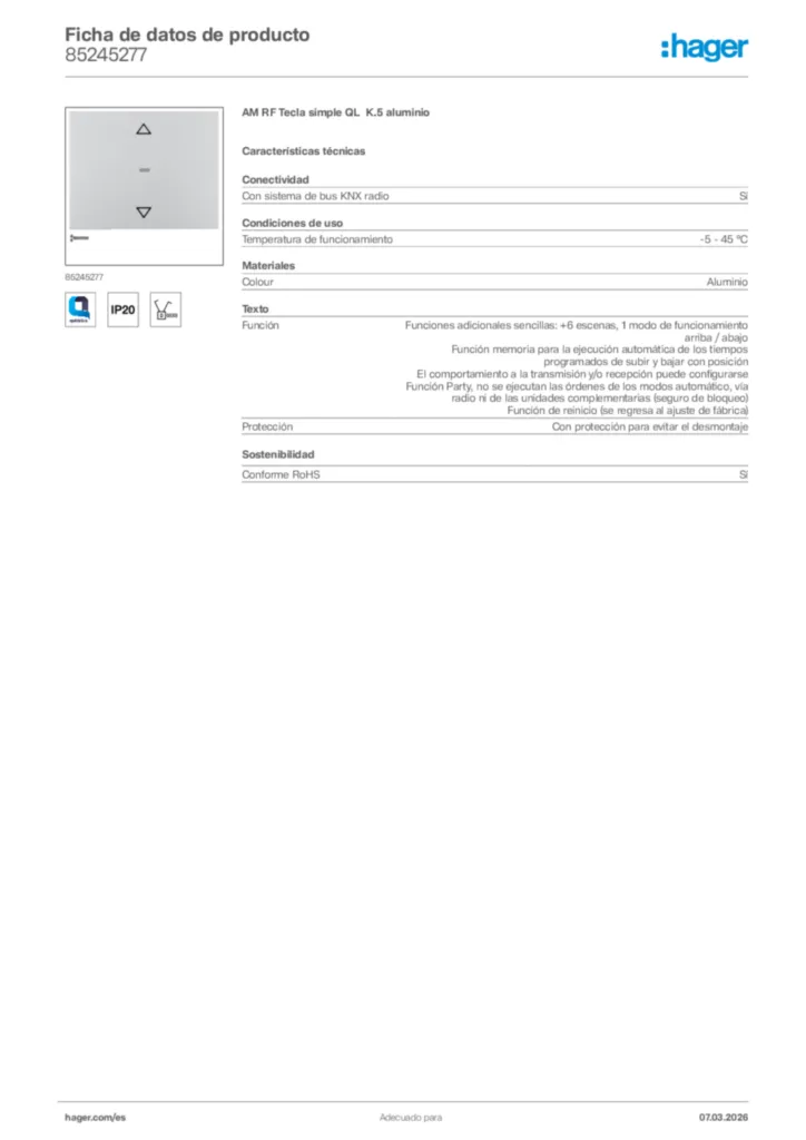 Imagen Hager Ficha de datos de producto 85245277 | Hager España