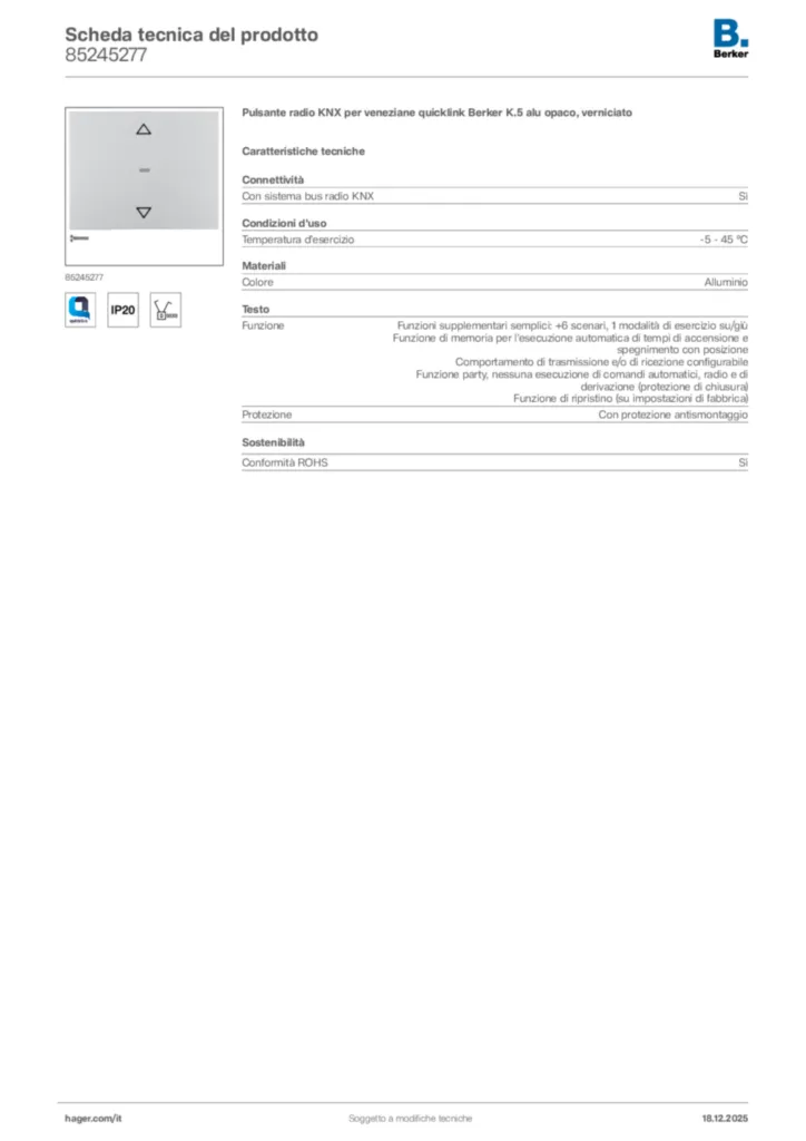 Immagine Berker Scheda tecnica del prodotto 85245277 | Hager Italia