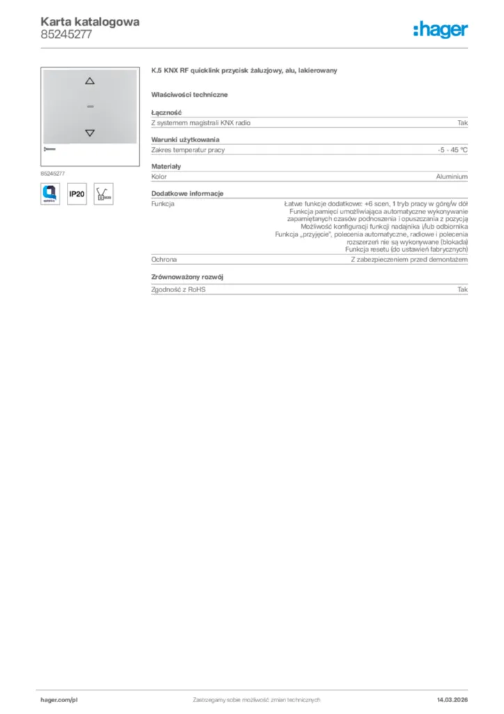 Zdjęcie Hager Karta katalogowa 85245277 | Hager Polska