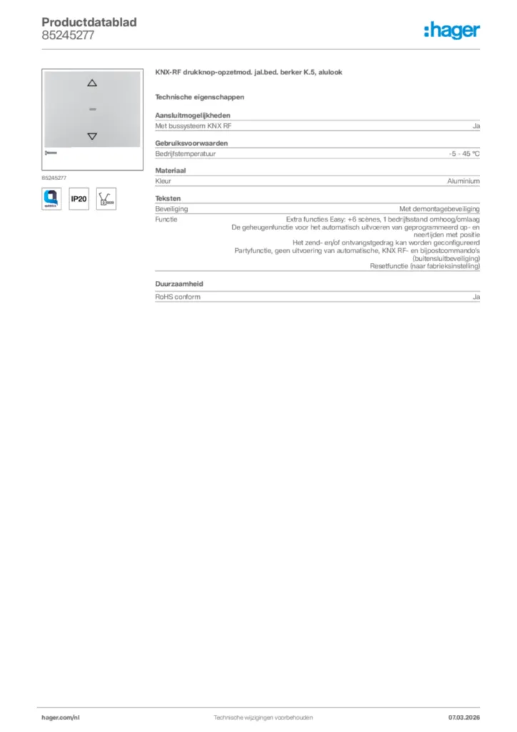 Afbeelding Hager Productdatablad 85245277 | Hager Nederland