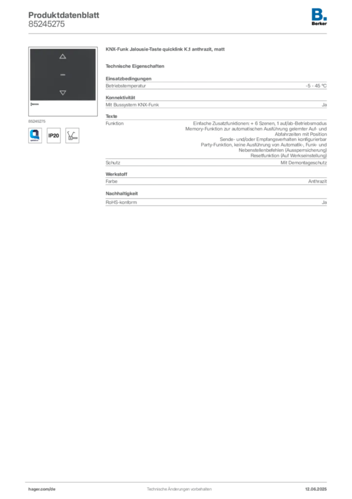 Bild Berker Produktdatenblatt 85245275 | Hager Deutschland