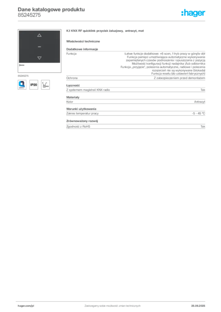 Zdjęcie Hager Karta katalogowa 85245275 | Hager Polska
