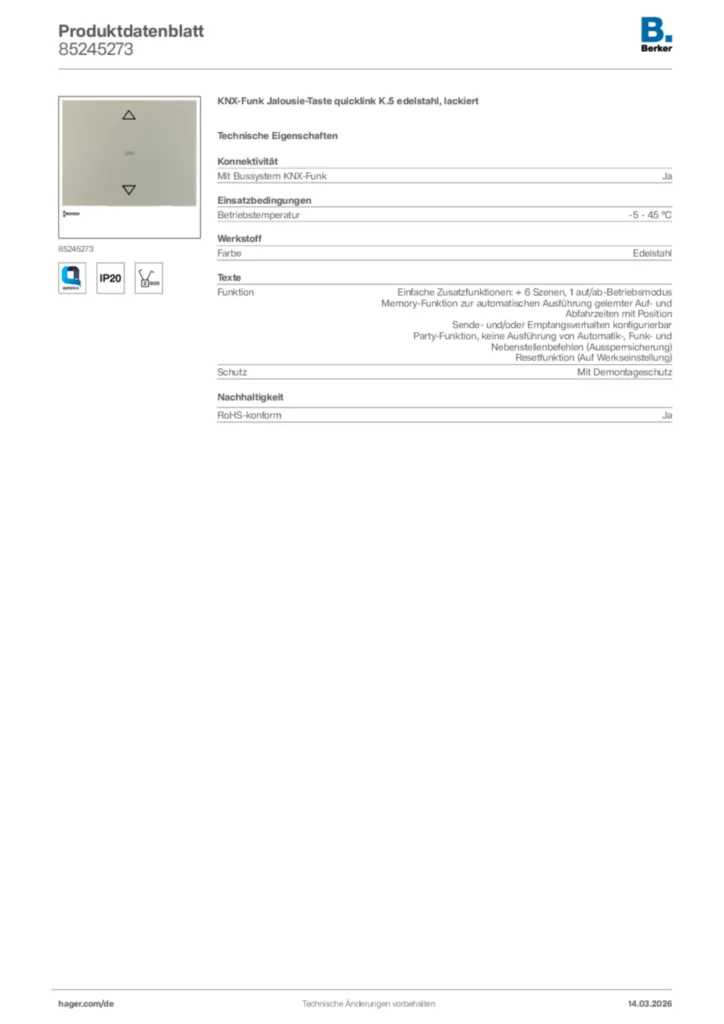 Bild Berker Produktdatenblatt 85245273 | Hager Deutschland