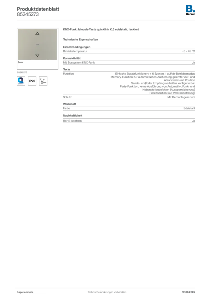 Bild Berker Produktdatenblatt 85245273 | Hager Deutschland