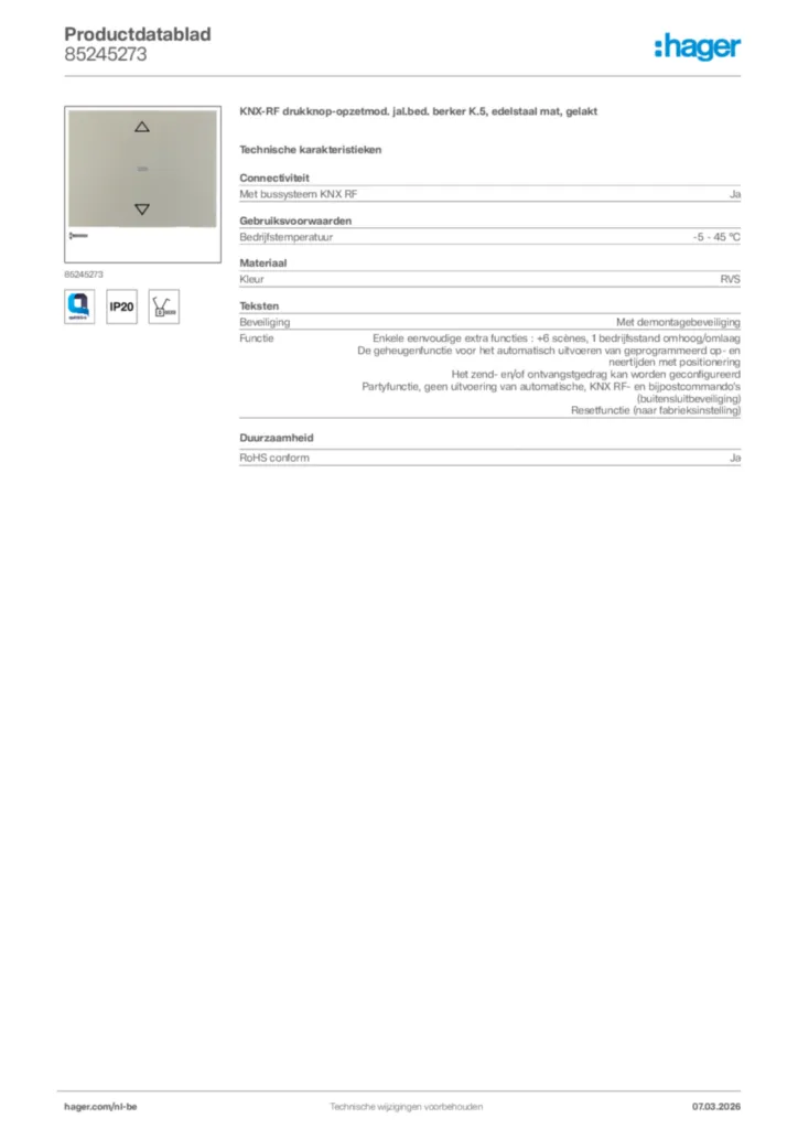 Afbeelding Hager Productdatablad 85245273 | Hager Belgium