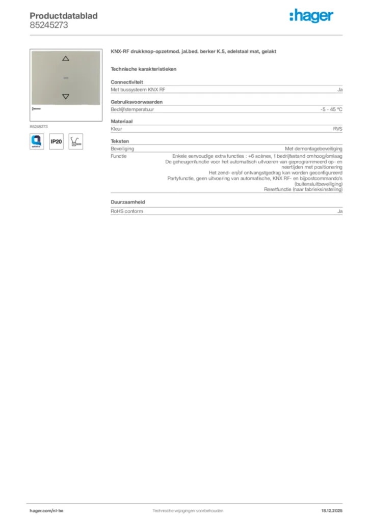 Afbeelding Hager Productdatablad 85245273 | Hager Belgium