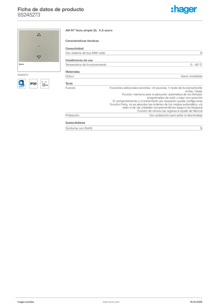 Imagen Hager Ficha de datos de producto 85245273 | Hager España