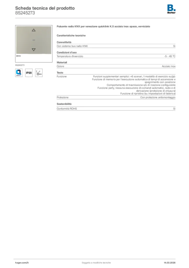 Immagine Berker Scheda tecnica del prodotto 85245273 | Hager Italia