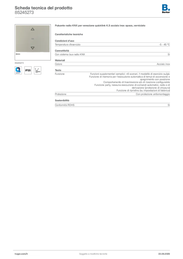 Immagine Berker Scheda tecnica del prodotto 85245273 | Hager Italia