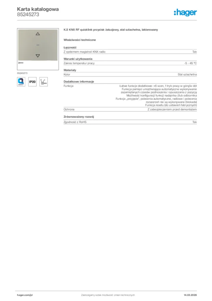 Zdjęcie Hager Karta katalogowa 85245273 | Hager Polska