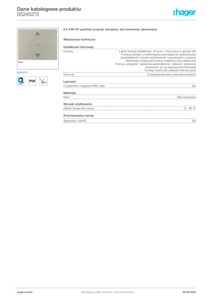 Zdjęcie Hager Karta katalogowa 85245273 | Hager Polska