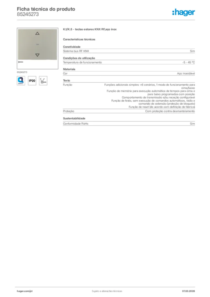 Imagem Hager Ficha técnica do produto 85245273 | Hager Portugal