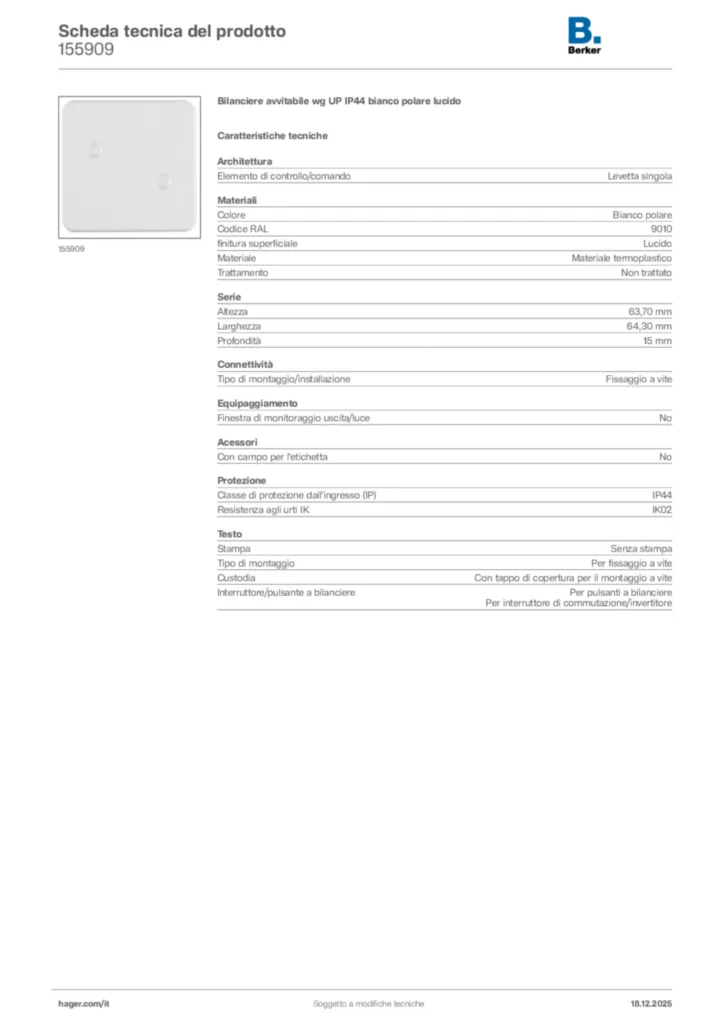 Immagine Berker Scheda tecnica del prodotto 155909 | Hager Italia