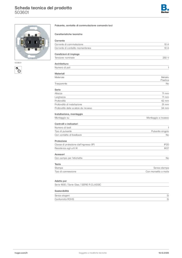 Immagine Berker Scheda tecnica del prodotto 503601 | Hager Italia