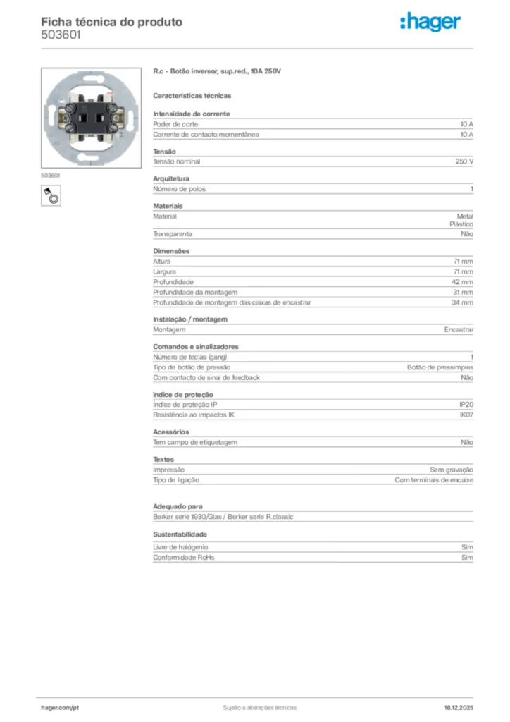 Imagem Hager Ficha técnica do produto 503601 | Hager Portugal
