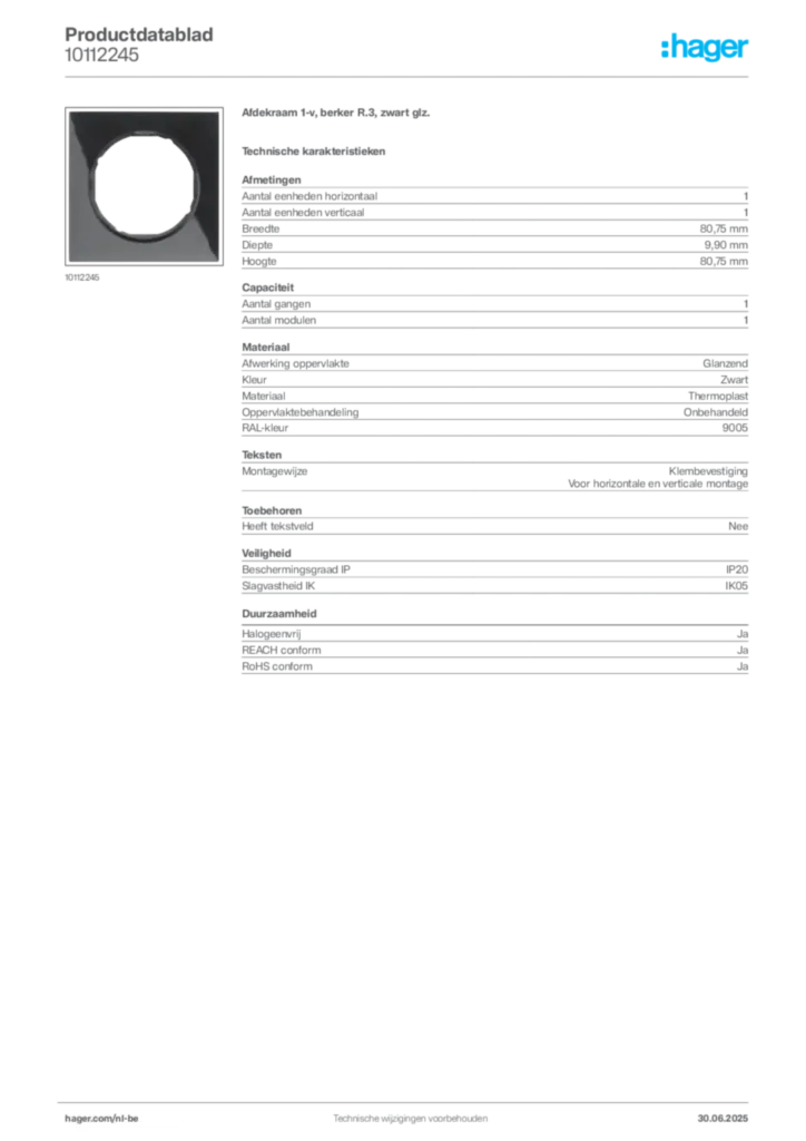Afbeelding Hager Productdatablad 10112245 | Hager Belgium