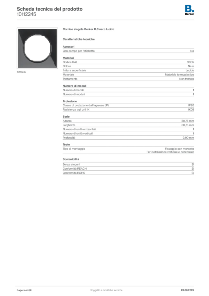 Immagine Berker Scheda tecnica del prodotto 10112245 | Hager Italia