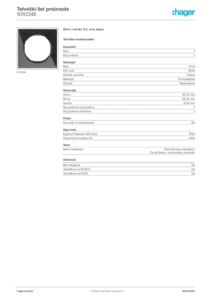 Slika Hager Product data sheet 10112245  | Hager